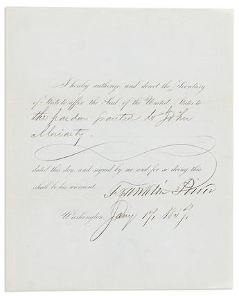 PIERCE, FRANKLIN. Two items: Partly-printed Document Signed, as President * Clipped Signature.